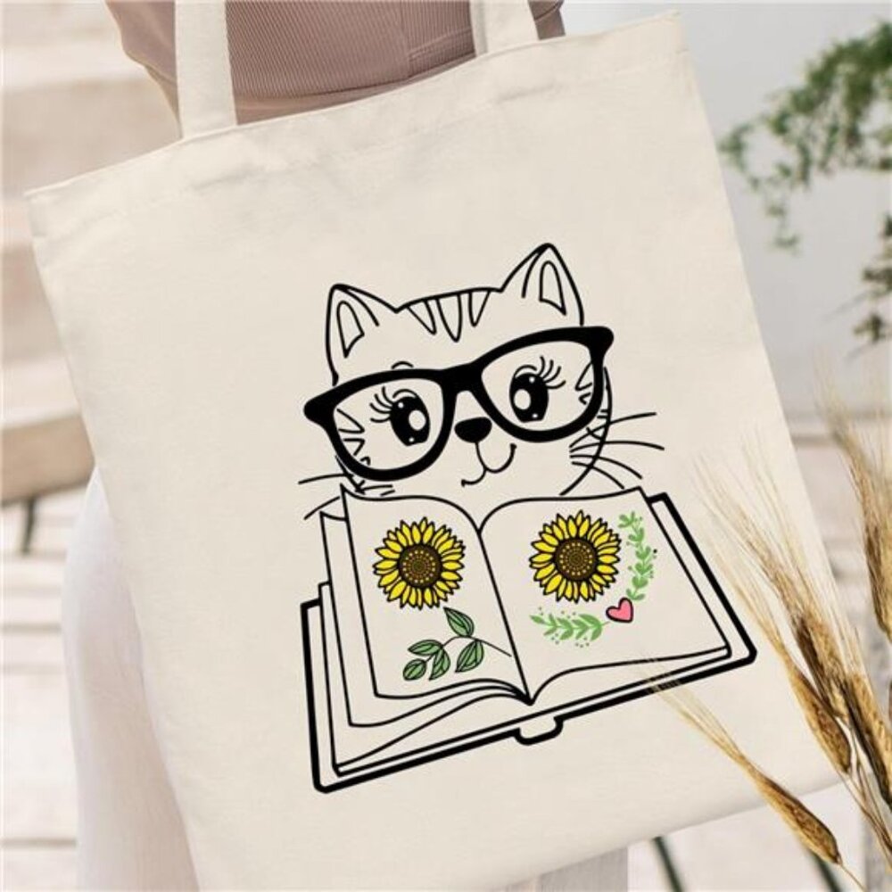 Canvas Tote Bag for Women Aesthetic Cute Cat Shopping Grocery Reusable Bag - Picture 2 of 6